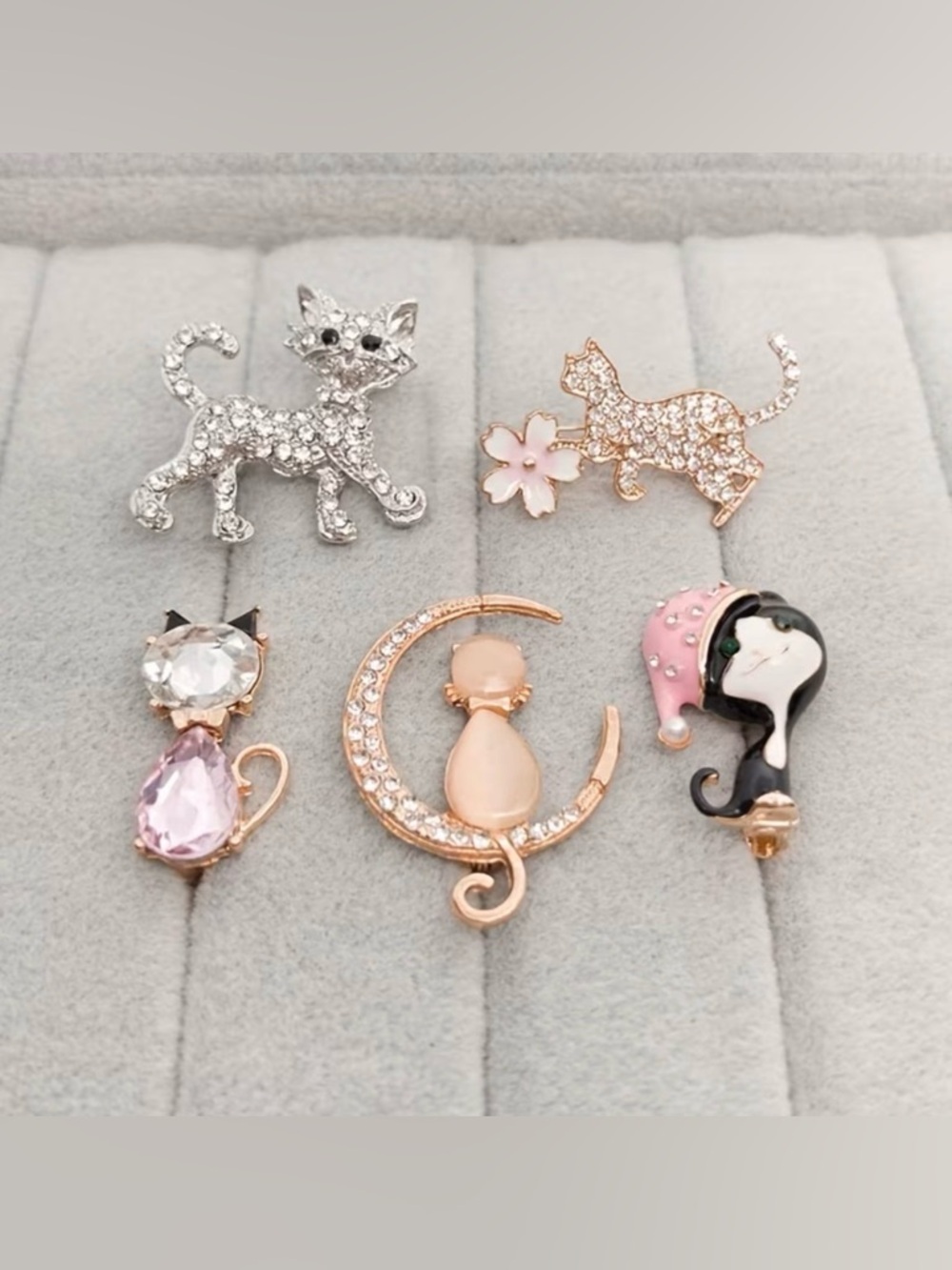 Brooch Lot of 5 NEW Cats MINl Rhinestones Crystals Black Enamel Vintage Pin